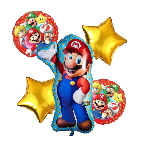 Bouquet De 5 Globos Tematica Super Mario Inflados Con Helio 