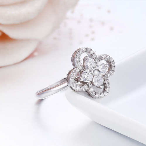Anillo Ajustable Flor Grande Con Diamantes Mujer Plata 925