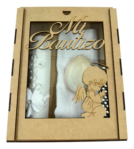 Kit Bautizo Caja Mdf Vela Concha, Toalla Decoracion Brillos