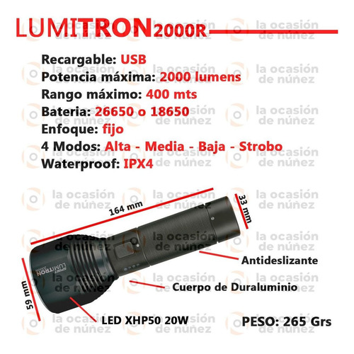Linterna Tactica Spinit 4 Modos Recargable Lumitron 2000lums