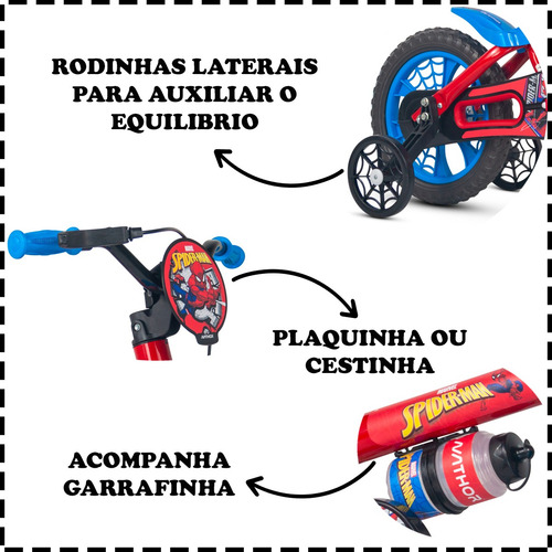 Bicicleta Infantil Homem Aranha Aro 12 Com Rodinhas Nathor