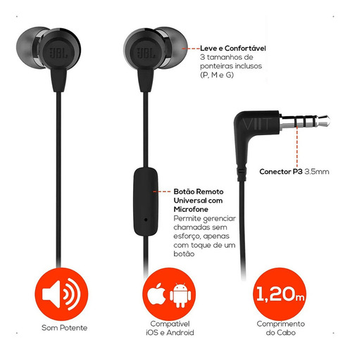 Fone De Ouvido In-ear C50hi Com Microfone P2 Preto Jbl Cor da luz n/a