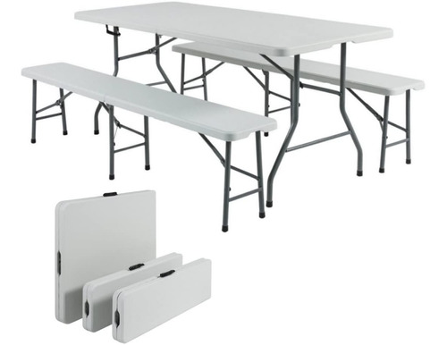 Combo Mesa Valija 180x76cm +2 Bancos Plegables Reforzado Rc 