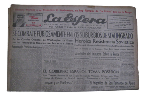 Periodico La Esfera Sabado 5 De Septiembre De 1942 Original