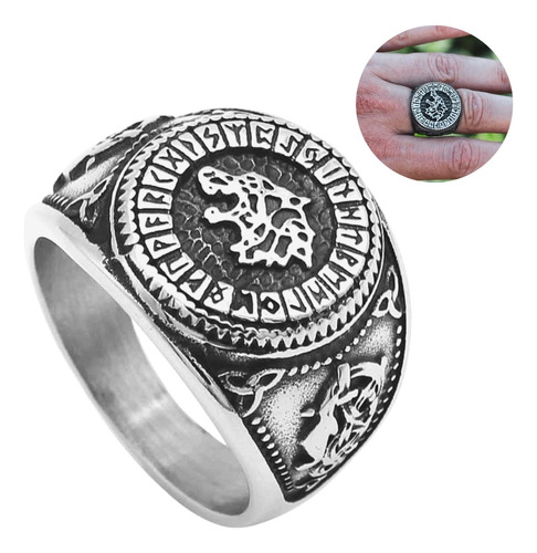 Anillo Color Plata Lobo Vikingo Runa Acero Inoxidable Hombre