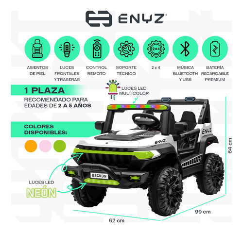 Camioneta Montable Eléctrico Con Control Remoto Para Niña Niño Con Asientos De Piel Carro Todo Terreno Bcx-7 Verde Águila Enyz Led Neon Y Muticolor Música Bluetooth Edades De 2 A 5 Años