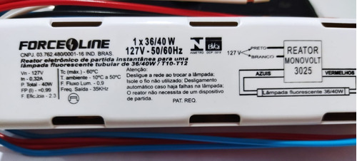 Reator Eletrônico 1 Lampada Tubular Force Line 1x36/40w 127v 127