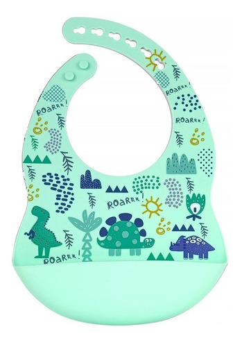 Babero Silicona Con Bolsillo Premium Regulable Estampas Flex Dinosaurio