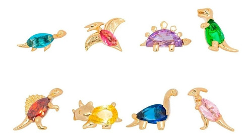 Set De 8 Pares De Aretes Mini Dinosaurio Chapado En Oro 18k