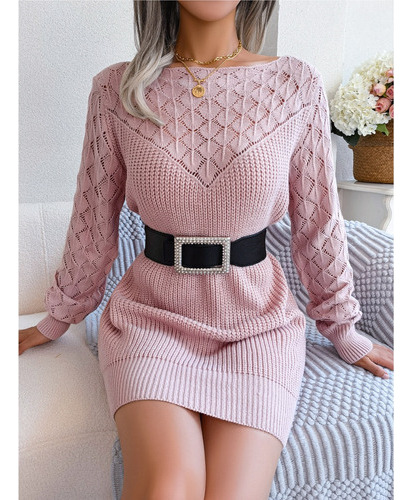 Vestidos De Suéter Mujer Slash Neck Hollow Out Elegante