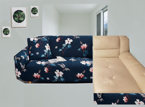 Funda Para Sillón Tipo L 2 Pieza Elastica Azul Con Flores