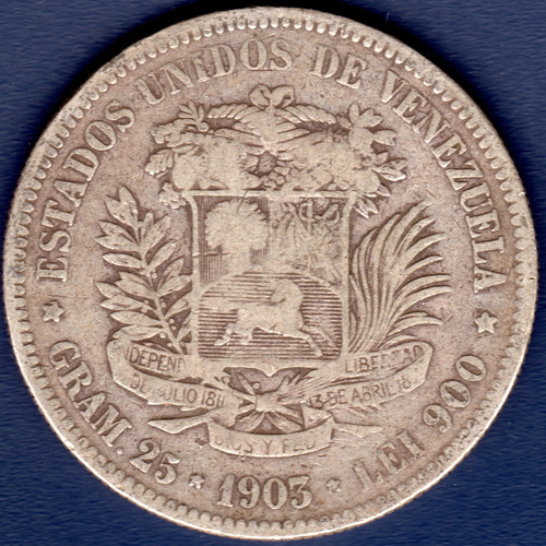 Moneda De 5 Bolívares De 1903 Fuerte De Plata