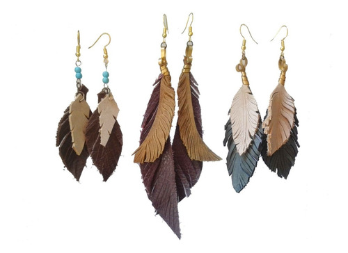 Aretes Pluma De Cuero Estilo Boho (paquete De Tres Pares)