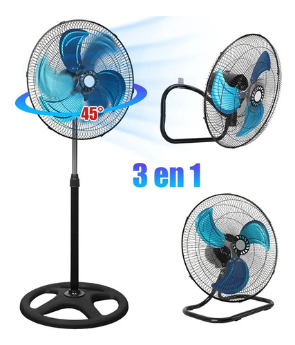 Jeeleeko Ventilador 3en1 Techo Piso Pared Giratorio Ajustable 3 Aspas Estructura Negro Aspas Azul Diámetro 60 Frecuencia 60 Material De Las Aspas Metal