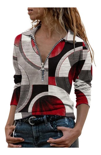 D Women's Printed Blouse Long Sleeve With Zipper Turned P