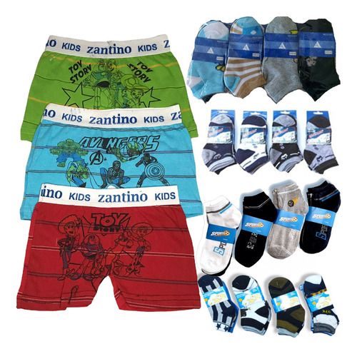 Combo Pack De 12 Boxer Zantino Niños Y 12 Pares De Medias