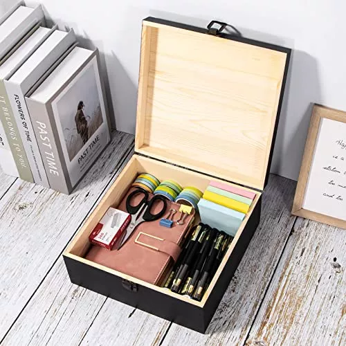 Useekoo Caja de almacenamiento de madera con tapa con bisagras y cierre  frontal, caja de recuerdo grande de 9.1 x 9.1 x 3.9 pulgadas, cajas de  regalo
