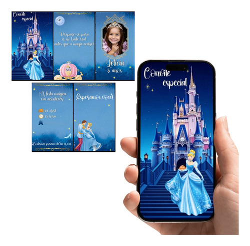 Convite De Aniversário Cinderela Animado C Som Personalizado Azul