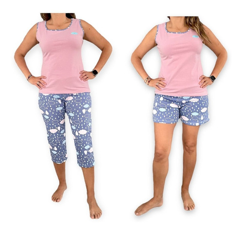 Pijama Para Dama 3 Pzs Blusa Short Y Pantalón Capri Nubes   