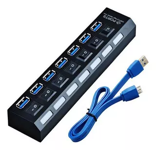 Hub negro USB 3.0 de 7 puertos con interruptor selector de 7 puertos Waka