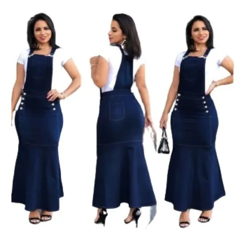 Vestido Salopete Longo Jardineira Jeans Elastano Evang lico