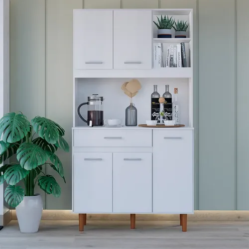 Armário De Cozinha Completa Compacta 5 Portas 1 Gaveta Multiuso Organizador Com Base Para Microondas Móveis Bonatto Cor Branco