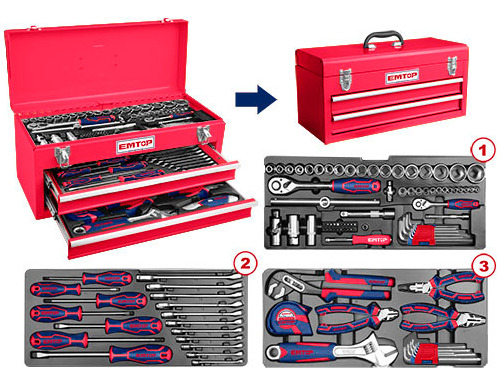 Caja 105 Herramientas Taller Alicate Rachet Destornill Emtop