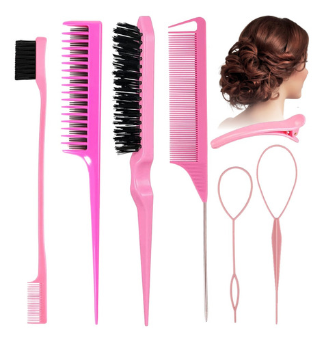 Kit Cepillos Y Peines Peinado Cabello Pinza Peluquería 7 Pzs Color Rosa