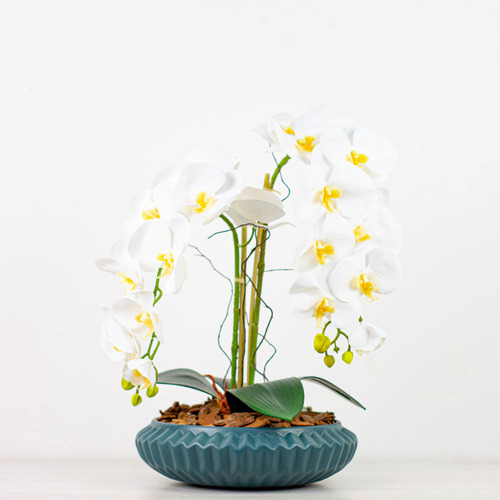 Arranjo 2 Orquídeas Brancas Artificial Vaso Cerâmica Azul