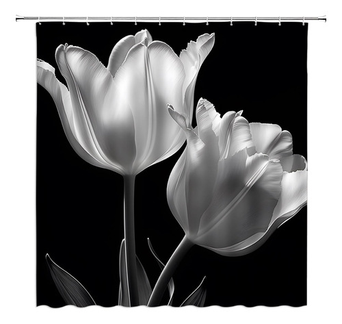 Aydsmyd Cortina Ducha Floral Negra, Elegante Tulipán, Flor Y