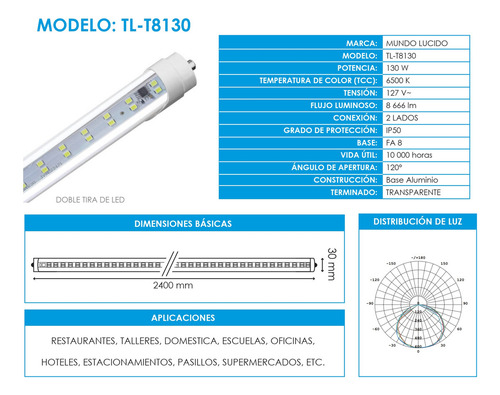 10 Lamparas Tubo Led T8 130w 2.4mt Fa8 Alto Flujo Luminoso