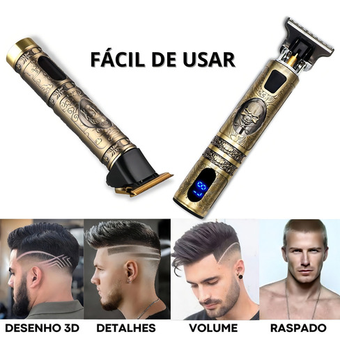 Maquina De Cortar Cabelo E Barbear Visor Lcd Led Metal Retrô Cor Dourado 127/220V