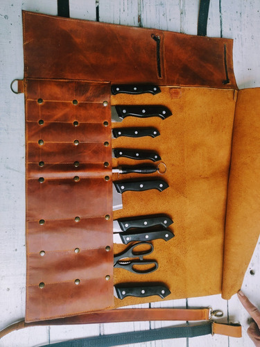 Estuche Porta Cuchillos Rollo De Piel Genuina Chef Parrilla Color Naranja Claro