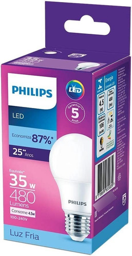 Lâmpada Led Philips 4.5w Bivolt Luz Branca Fria 6500k E27 Cor da luz Branco-frio 110V/220V