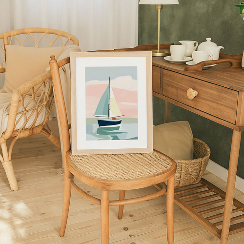 Lámina Decorativa Velero Minimalista Estilo Costero Rosa Multicolor Sin Armazón