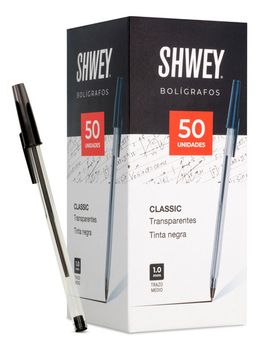 Lapiceras Biromes Boligrafos Shwey Caja X50 Color de la Tinta Negro / Color Del Exterior Transparente / 1mm Trazo Medio