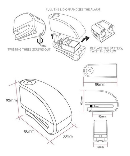 Imagen 4 de 5 de Candado Traba Disco Con Alarma Moto Freno Bici Premium Llave