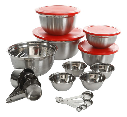 Juego Bowls Acero Inox Tazones Para Cocina Ensaladera. 13 Pz Color Gris - Rojo