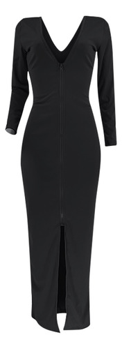 Vestido Em V Feminino Com Zíper Na Frente E Nas Costas, Mang