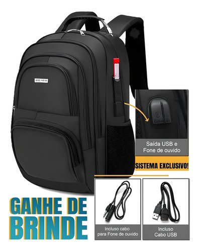 Mochila: bolsa para portátil reforzada a prueba de agua para hombre, color: negro