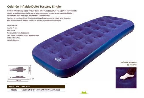Imagen 3 de 5 de Colchón Inflable Doite Tuscany Single 1 Plaza Con Inflador