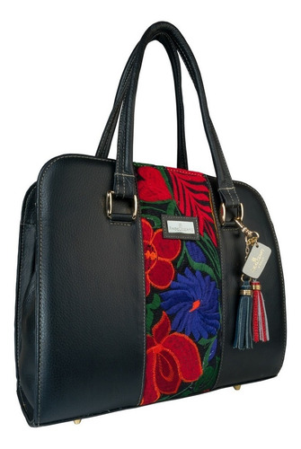 Imagen 2 de 7 de Bolso Artesanal Bordado Camila Negro Bolsa Piel Angelozano