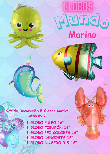 Set 6 Globos 16  Decoracion Mundo Marino + Velitas De Cumple