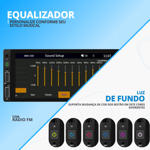 Central Multimidia 1 Din Carplay Usb Android Bluetooth Ios