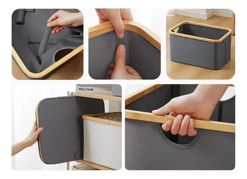 Cesta Ropa Sucia Canasto Plegable Gris Borde Bambu Cuadrado