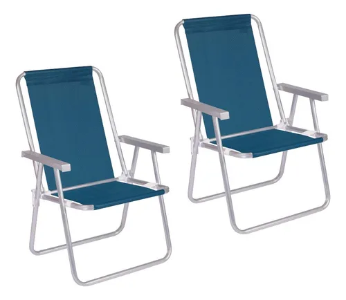 Kit 2 Cadeira Praia Alta Alumínio Conforto 120 Kg Mor Azul