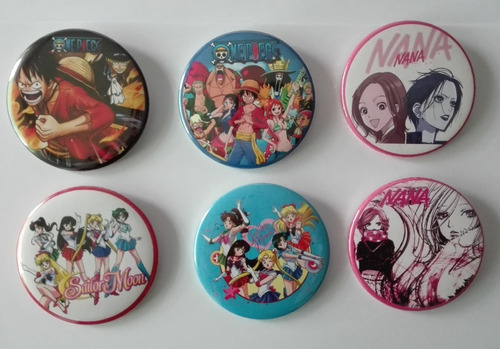 6 Pines Prendedores Animé One Piece, Sailor Moon, Nana 55mm