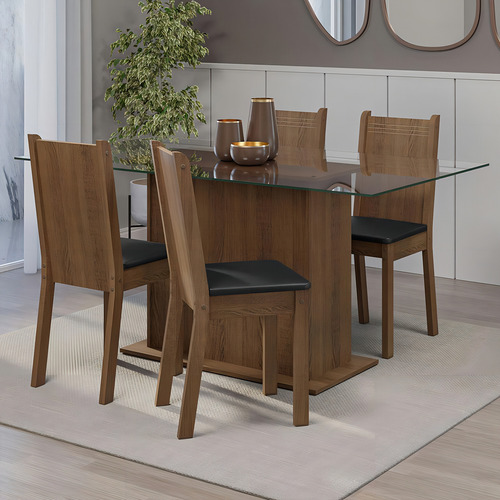 Sala De Jantar Mesa Tampo De Vidro 4 Cadeiras Espanha Madesa Cor Rustic/preto