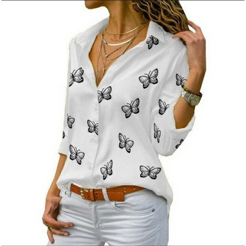 Camisa De Mujer Con Solapas Sueltas Y Estampado De Mariposas