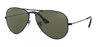 Anteojos de sol polarizados Ray-Ban Aviator Classic Standard con marco de metal color polished black, lente green de cristal clásica, varilla polished black de metal - RB3025